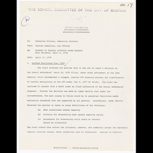Memorandum from Charles Hambelton to Catherine Ellison about federal district court hearing held April 6, 1978