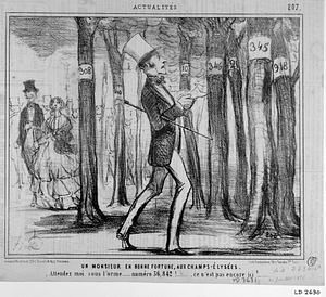 Un MONSIEUR EN BONNE FORTUNE, AUX CHAMPS-ÉLYSÉES. "Attendez moi sous l'orme..... numéro 36,842!......" ce n'est pas encore ici!......