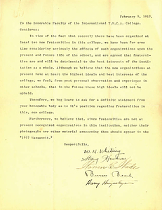 Letter to the International Y.M.C.A. College about fraternities (February 2, 1917)