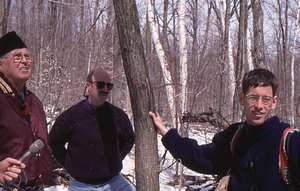 Norman E. Borlaug field trip to the Hopkins Memorial Forest. 13. Left to right: Norman E. Borlaug (U MN, Class of 1937), Peter McChesney (Class of 1975), Tim Billo (Class of 1997).