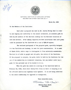 Circular letter from National Institute of Arts and Letters to W. E. B. Du Bois