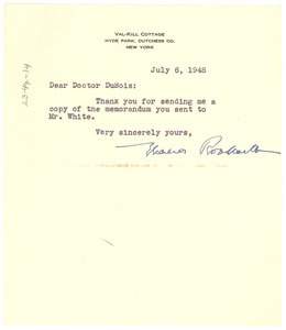 Letter from Eleanor Roosevelt to W. E. B. Du Bois