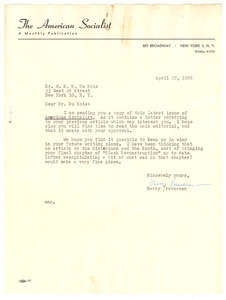 Letter from American Socialist to W. E. B. Du Bois