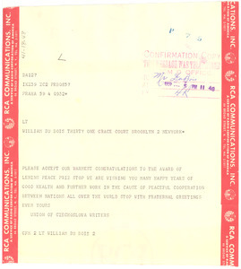 Telegram from Union of Czechoslovak Writers to W. E. B. Du Bois