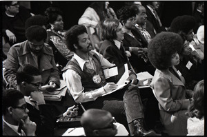 Congressional Black Caucus meeting at the National Center of Afro-American Artists: Jesse Jackson in the audience, taking notes