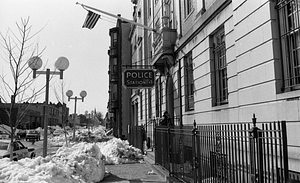 Snowdrifts in front of District 4 Boston Police Headquarters on Harrison Avenue