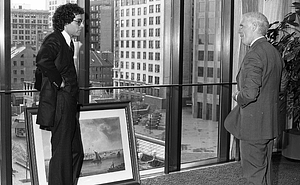 Mayor Kevin White at City Hall with unidentified man and painting