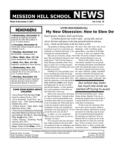 Mission Hill School newsletter, November 5, 2001
