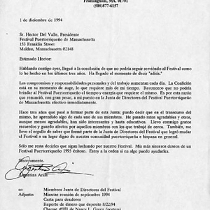 Letter from Argentina Arias to Hector Del Valle, President of the Festival Puertorriqueño de Massachusetts, enclosing minutes, notes and checks of the Festival Puertorriqueño