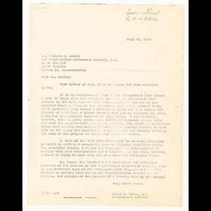 Letter from James Dolan to William Holder about housing sites in Washington Park Urban Renewal Area and letter from William Holder to Ed Logue about redevelopment in Roxbury