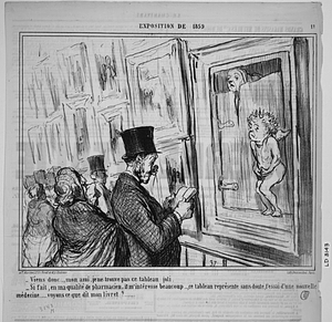 - Viens donc..., mon ami, je ne trouve pas ce tableau joli. - Si fait, en ma qualité de pharmacien, il m'intéresse beaucoup...., ce tableau représente sans doute, l'essai d'une nouvelle médecine..... voyons ce que dit mon livret?.......