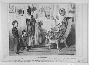 Un propriétaire. Oh ! Monsieur de Macaire, pour un misérable terme arriéré vous ne me mettrez pas dans la rue...... - Et où diable ! voulez vous donc que je vous mette !..... – Mais nous avons dépensé 30,000 f. dans votre boutique !.... – Raison de plus, ça me reviendra..... – J’ai quatre pauvres petits enfans..... – Ce n’est parbleu ! pas moi qui vous ai dit de les faire !......