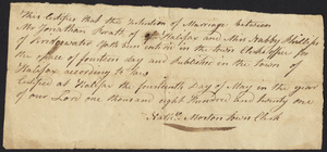 Marriage Intention of Jonathan Pratt and Nabby Phillips of Bridgewater, Massachusetts, 1821