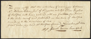 Marriage Intention of Melzar Adams Jr. and Olive Inglee, 1804