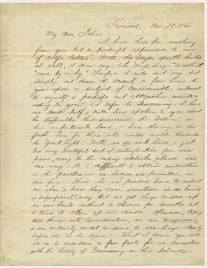 Letter from Fred to John regarding Freemasonry in Trinidad, 1866 November 28