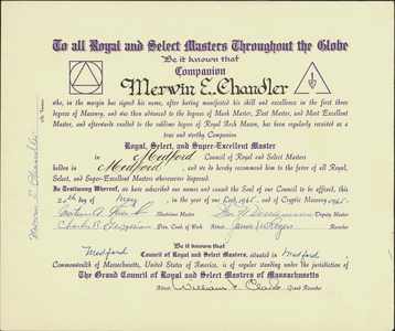 Royal, Select, and Super Excellent Master certificate issued to Merwin E. Chandler, 1965 May 20