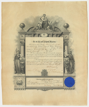 Master Mason certificate issued by Narraguagus Lodge, No. 88, to Samuel A. Smith, 1878 March 22