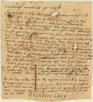 Letter from Eliakim Libby to Mehitable Cummings Libby, 1775 November 26