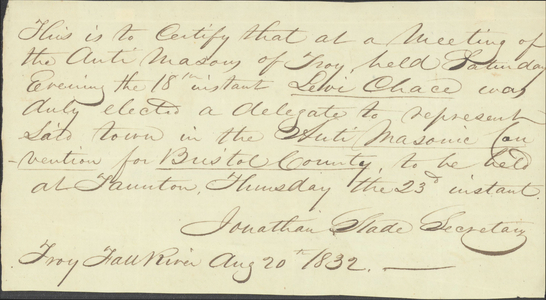 Anti-Masonic delegate certificate from Fall River, Massachusetts, 1832 August 20