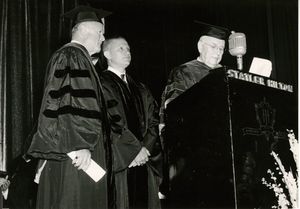 Governor John A. Volpe receives an honorary degree at the 1961 Suffolk University commencment