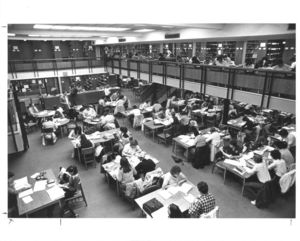 Suffolk University students studying in the college library