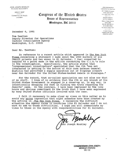 Letter from John Joseph Moakley to Tom Tweeten, Deputy Director of Operations, Central Intelligence Agency regarding a statement John Joseph Moakley made in a New York Times article in which he referenced the CIA's role in the Jesuit murder investigation, 6 December 1991