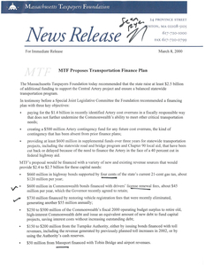 News Release: MTF Proposes Transportation Finance Plan, 23 March 2000