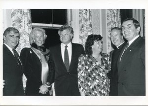 State dinner for the Emerald Isle Classic: Charles J. Haughey, John Hume, Edward M. Kennedy, Tomas O'Fiaich, Raymond Flynn, Thomas J. Flatley, Kathleen Flatley, Dave R. Palmer, James F. Cleary, J. Donald Monan, Ben Briscoe, Christopher Dodd, and Margaret Heckler