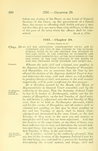 1785 Chap. 0059 An Act For Adjourning Northampton Court, And To Authorize Any Two Of The Justices Of The Supreme Judicial Court To Do And Perform The Business Of The Said Court, In The Counties Of Plymouth And Barnstable Respectively, At The Next Session Of The Said Court, In The Said Counties, In The Month Of May, One Thousand Seven Hundred And Eighty-Six.