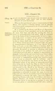 1787 Chap. 0064 An Act To Prevent The Exportation Of Green Or Unmanufactured Calf Skins, Out Of This Commonwealth, By Land Or Water.