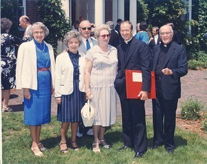 Monan, J. Donald at Harvard commencement receiving honorary degree with Peg Dwyer, Helen Smith, John Smith, Gertrude Cheeley, and Charles F. Donovan