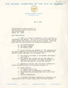 Letter from Kathleen Sullivan, Boston School Committee member, to Judge W. Arthur Garrity, 1976 May 5