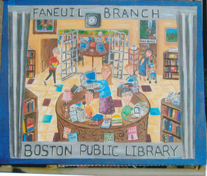 Whimsical painting of Faneuil Branch Library and staff