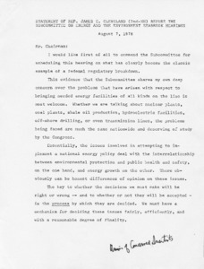 Statement of Representative James C. Cleveland (2nd-NH) before the subcommittee on energy and the environment Seabrook hearings