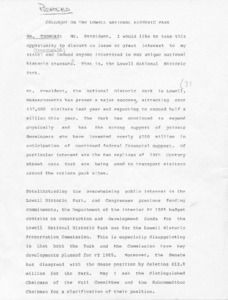 Draft of floor speech: Colloquy On The Lowell National Historic Park