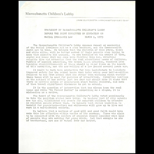 Statement by Massachusetts Children's Lobby before the joint committee on education on racial imbalance law, March 1, 1973.