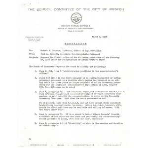 Memo, request for clarification of the following provisions of the February 24, 1976 order for desegregation of administrative staff, March 3, 1976.