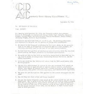 Minutes, Community District Advisory Council district II, September 29, 1976.