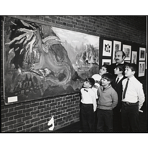 "Instructor Frank Buonopane from the Charlestown Clubhouse with Dennis Callhan, Kevin McGoff, Joseph Craven, William Mara and Paul Love, admiring the Charlestown Clubhouse's mural entry entitled 'The Dragon'" at the Museum of Science