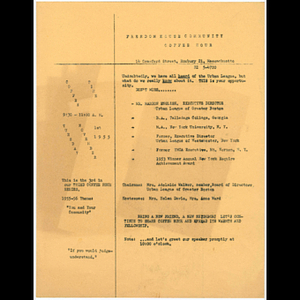Flier advertising Freedom House Coffee Hour featuring Marion English, Executive Director of the Urban League of Greater Boston