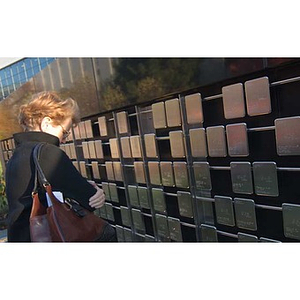 A woman looks at the plaques on the Veterans Memorial at the dedication ceremony