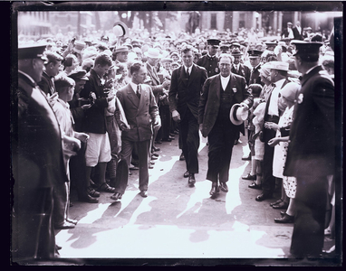 Charles Lindbergh walking with Mayor Fred Marden in Concord, N.H., 25 July 1927