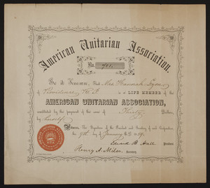 American Unitarian Association membership certificate