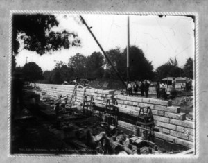 Building retaining walls to the entrance in Public Garden looking north west