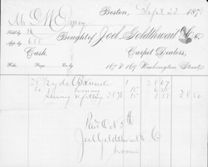 Billhead for Joel Goldthwait and Co., carpet dealers, 167-169 Washington St., Boston, Mass., Sept. 23, 1878