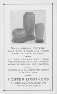 Trade card for Foster Brothers, Marblehead Pottery, frames and children's books, 4 Park Square, Boston, Mass., undated