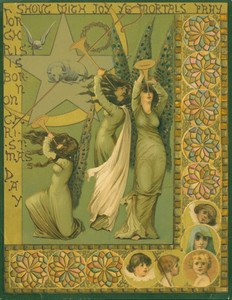 Christmas card, depicting angels sounding trumpets and the lamb of Christ in the center of a star, undated