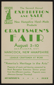 Trade card for Craftsmen's Fair, League of New Hampshire Arts and Crafts, Hancock, New Hampshire, August 5-10, 193?