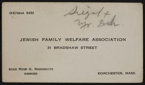 Business card for the Jewish Family Welfare Association, 31 Bradshaw Street, Dorchester, Mass., 1920-1940
