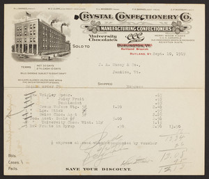 Billhead for Crystal Confectionery Co., manufacturing confectioners, Rutland, Vermont, dated September 10, 1919